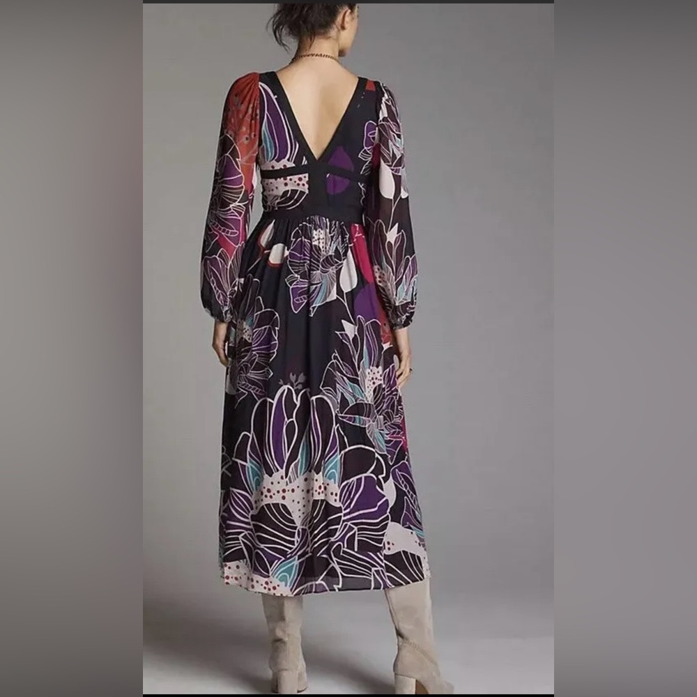 New! LET ME BE‎ ANTHROPOLOGIE FLORAL MIDI DRESS BLACK BOHO - Picture 3 of 6